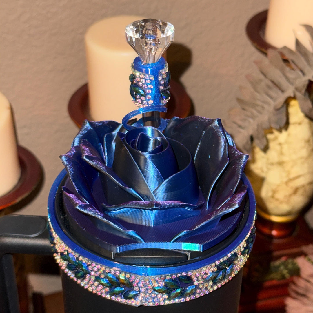 Black Blue Flower Flat Fancy Rhinestone Tumbler Princess Collection, Stanley accessories, Rose Halo Boot Straw Topper