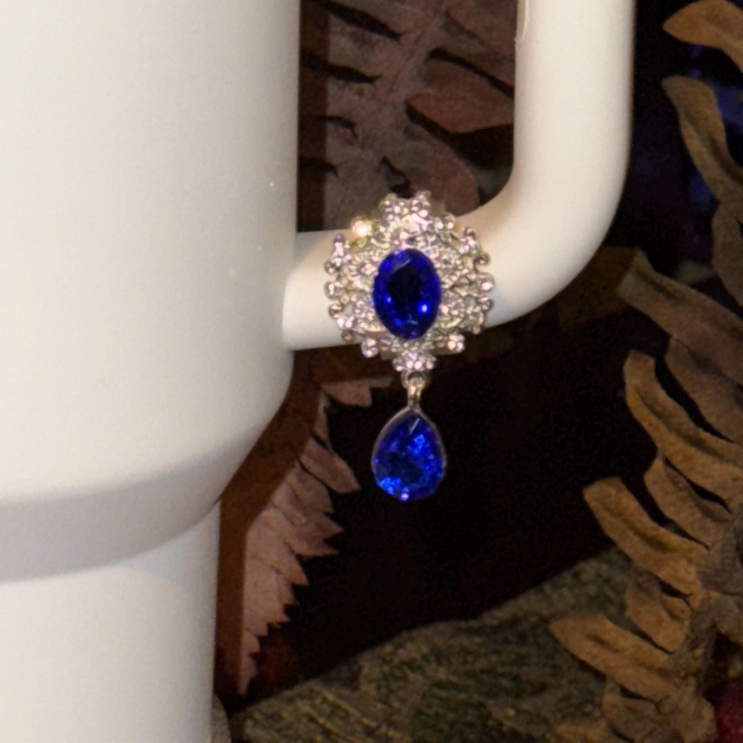 Elegant Blue Sapphire and Silver Rhinestone Royal Princess Accessories for Stanley Tumblers Queen Bling Fancy, Boujie Collection Unique Gift