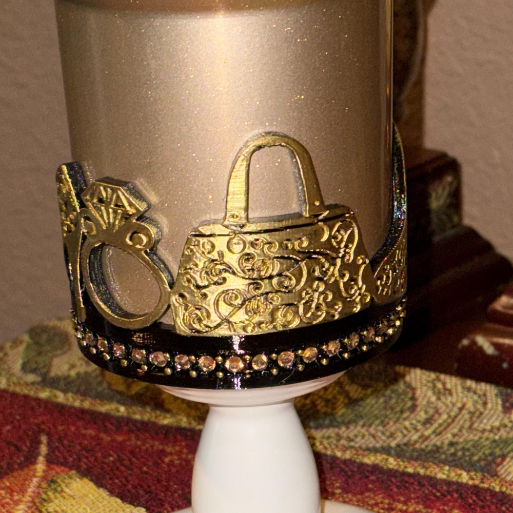 Black and Gold Diva Rhinestone Tumbler Boot, Lid Halo or Topper for Stanley tumblers, Princess Doll Purse High Heels stilettos ring