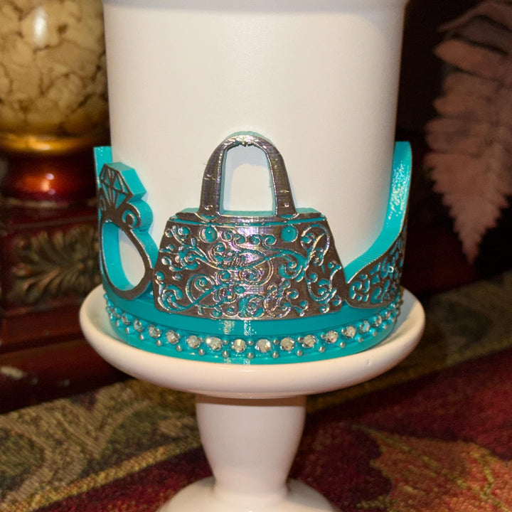Teal Turquoise and Silver Diva Rhinestone Tumbler Boot, Lid Halo or Topper for Stanley tumblers, Princess Doll Purse High Heels stilettos
