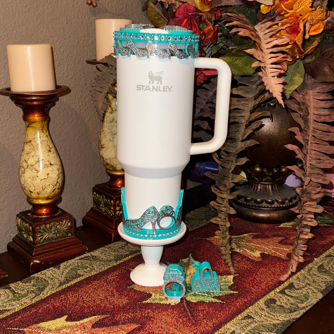 Teal Turquoise and Silver Diva Rhinestone Tumbler Boot, Lid Halo or Topper for Stanley tumblers, Princess Doll Purse High Heels stilettos