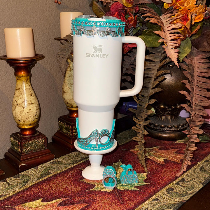 Teal Turquoise and Silver Diva Rhinestone Tumbler Boot, Lid Halo or Topper for Stanley tumblers, Princess Doll Purse High Heels stilettos