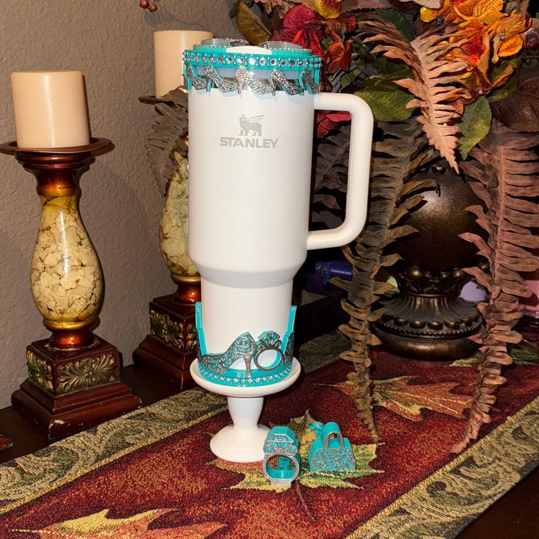 Teal Turquoise and Silver Diva Rhinestone Tumbler Boot, Lid Halo or Topper for Stanley tumblers, Princess Doll Purse High Heels stilettos