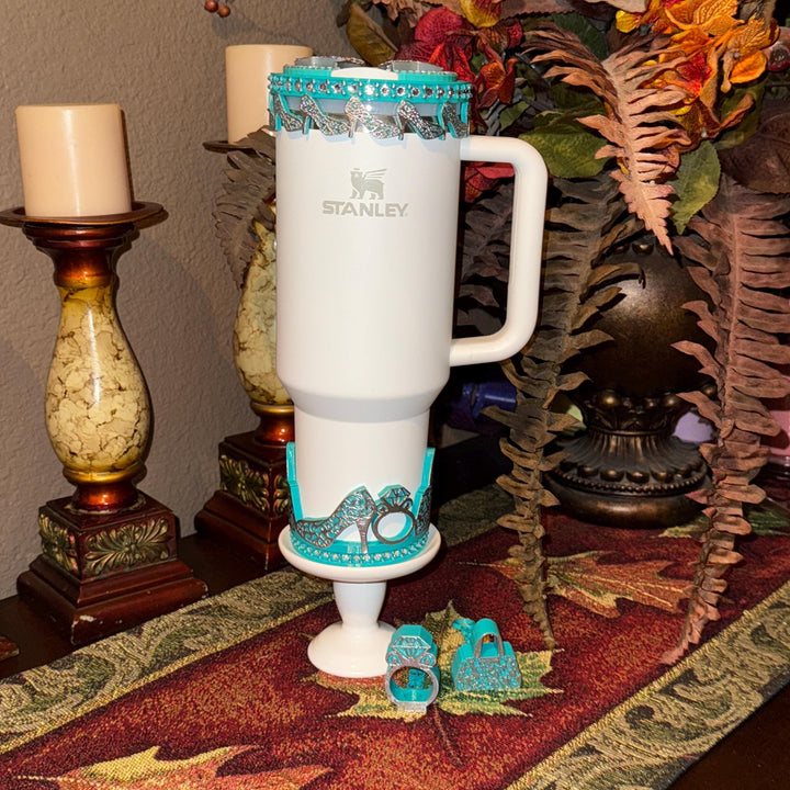 Teal Turquoise and Silver Diva Rhinestone Tumbler Boot, Lid Halo or Topper for Stanley tumblers, Princess Doll Purse High Heels stilettos