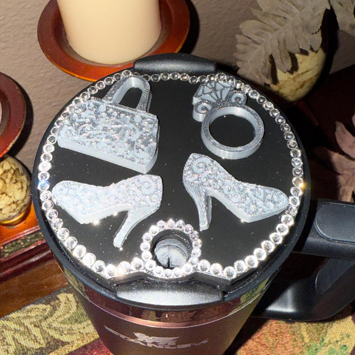 Black and Silver Diva Rhinestone Tumbler Boot, Lid Halo or Topper for Stanley tumblers, Princess Doll Purse High Heels stilettos ring