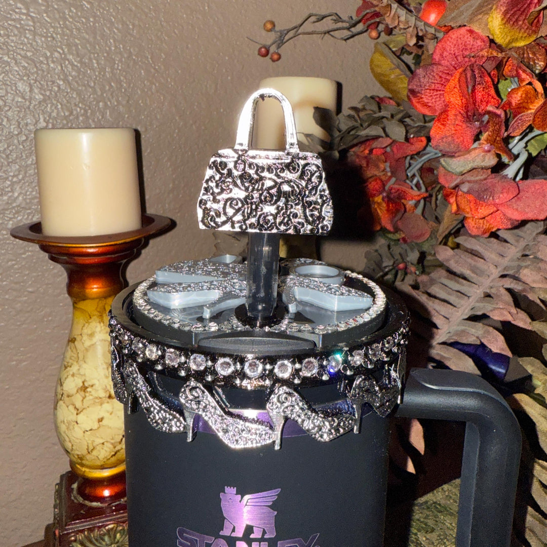 Black and Silver Diva Rhinestone Tumbler Boot, Lid Halo or Topper for Stanley tumblers, Princess Doll Purse High Heels stilettos ring