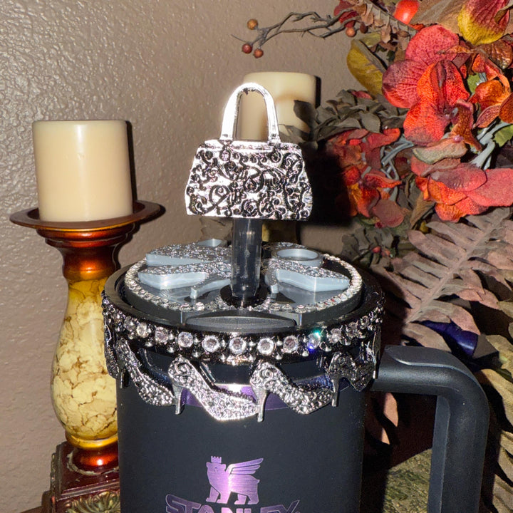 Black and Silver Diva Rhinestone Tumbler Boot, Lid Halo or Topper for Stanley tumblers, Princess Doll Purse High Heels stilettos ring