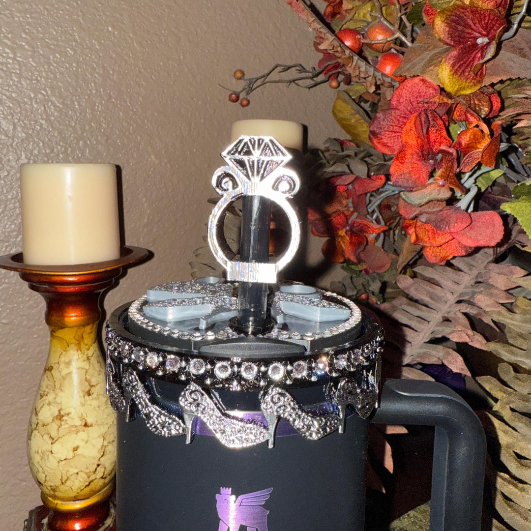 Black and Silver Diva Rhinestone Tumbler Boot, Lid Halo or Topper for Stanley tumblers, Princess Doll Purse High Heels stilettos ring