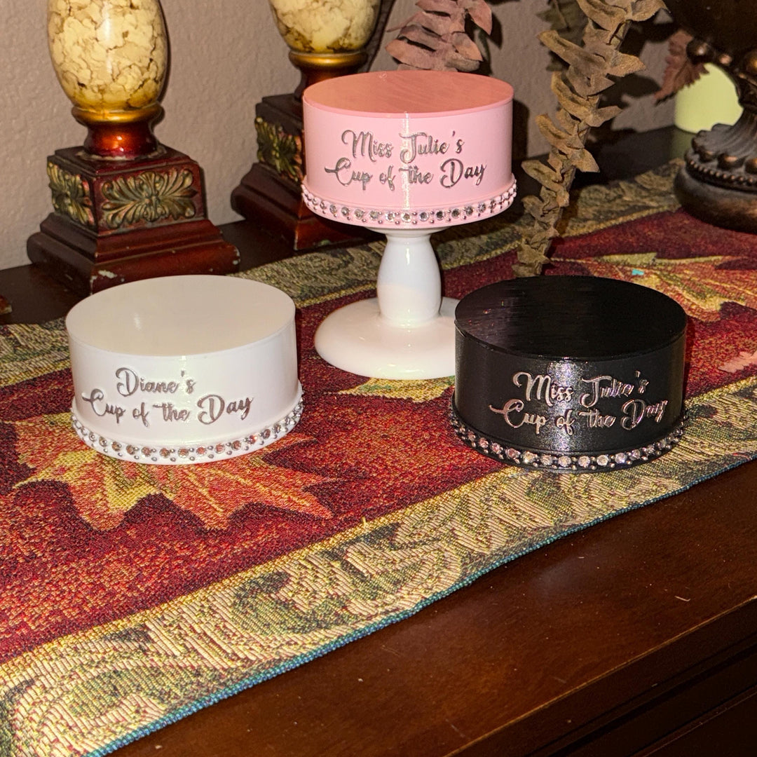 Custom “Cup of the Day” Desktop Pedestal Stand | Personalized Stanley Cup Display | Rhinestone Tumbler Stand | Office Cup Holder for Desk