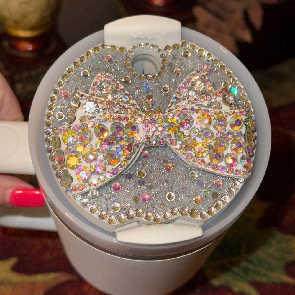 Fancy White and Irridescent Rhinestone Bow tumbler topper, fits Stanley lids, Rhinestones, decorative lid, unique gift, Hot Seller