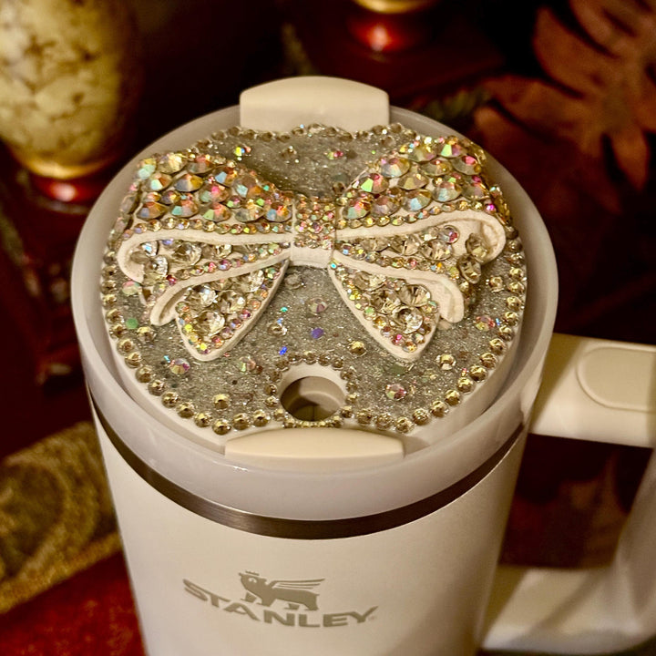 Fancy White and Irridescent Rhinestone Bow tumbler topper, fits Stanley lids, Rhinestones, decorative lid, unique gift, Hot Seller