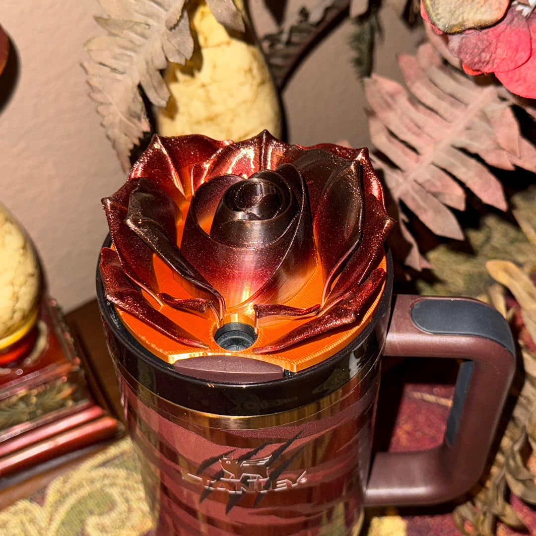 3D Burgundy Brown Bronze Rose Tumbler Topper that fit the Stanley Tumbler lids, Rose decorator lid, 3D Decorative Lid, Color shifting effect