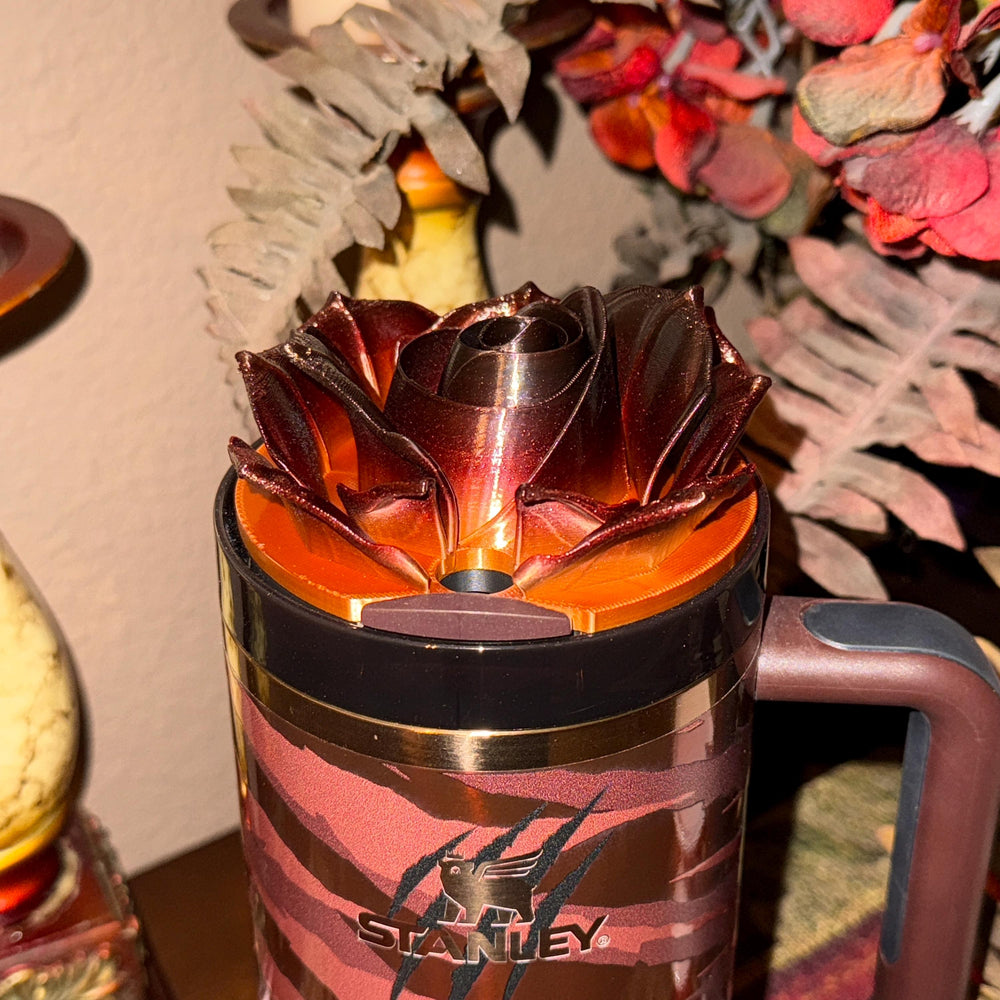 3D Burgundy Brown Bronze Rose Tumbler Topper that fit the Stanley Tumbler lids, Rose decorator lid, 3D Decorative Lid, Color shifting effect