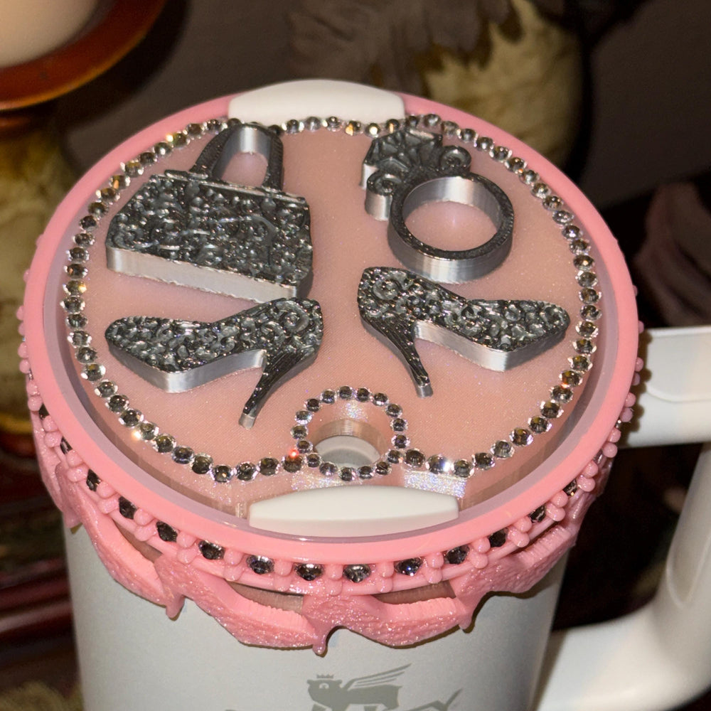 Pink and Silver Diva Rhinestone Tumbler Boot, Lid Halo or Topper for Stanley tumblers, Princess Doll Purse High Heels stilettos