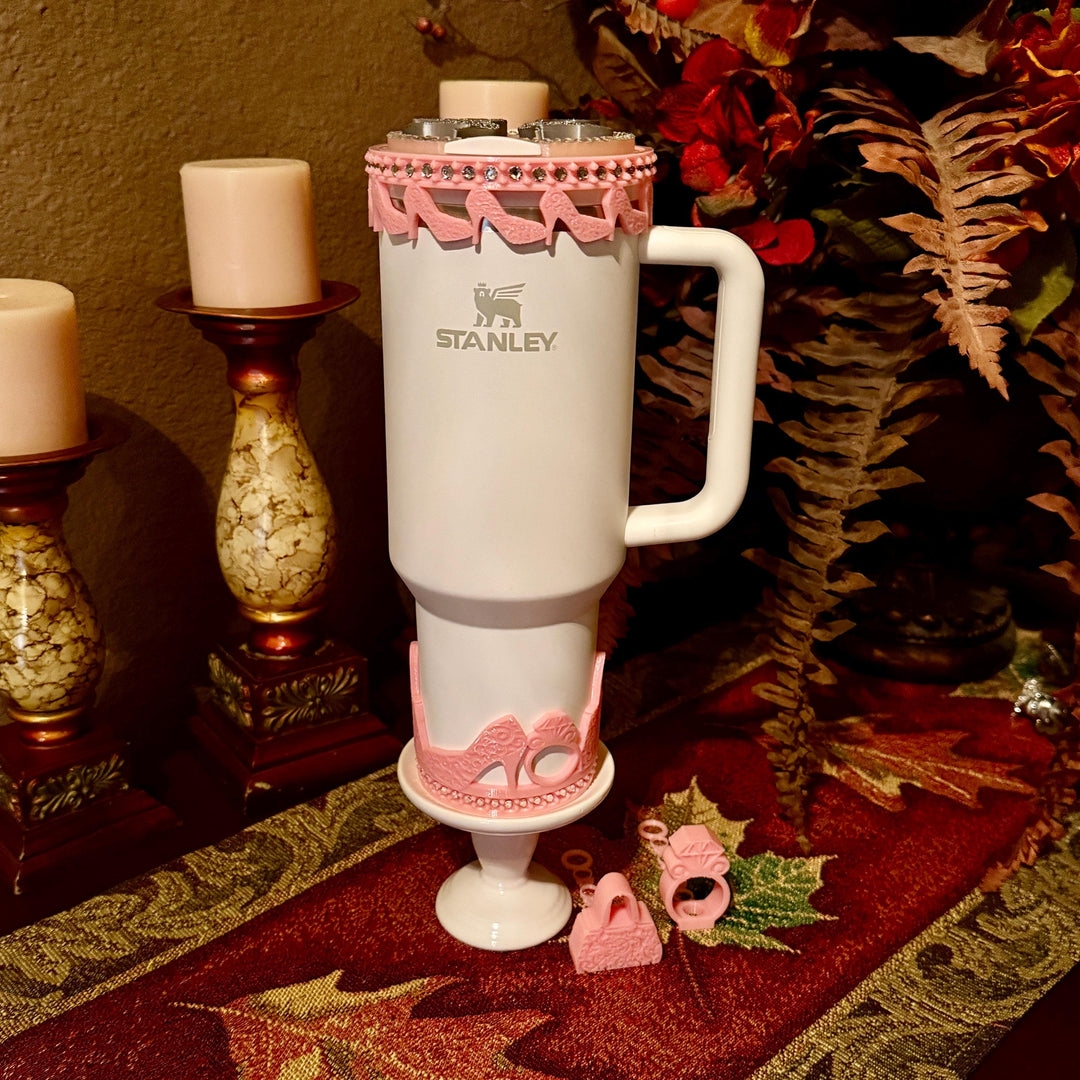 Pink and Silver Diva Rhinestone Tumbler Boot, Lid Halo or Topper for Stanley tumblers, Princess Doll Purse High Heels stilettos