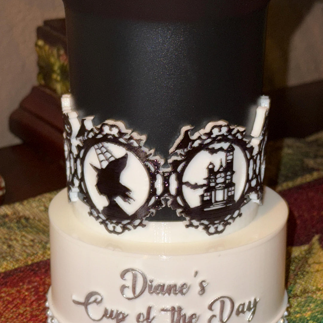 Black and White Halloween Tumbler Boot, multiple designs on panels, trendy accessories for Stanley tumblers, unique gift hand painted