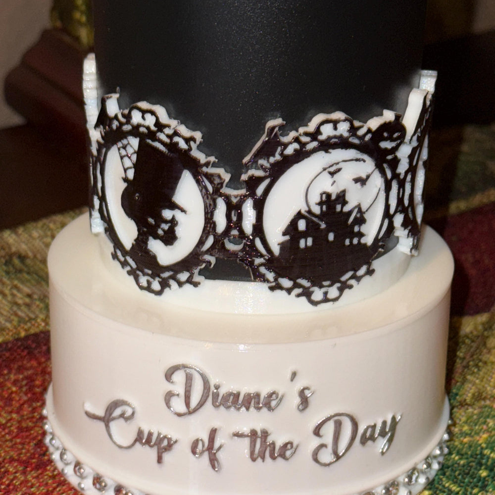 Black and White Halloween Tumbler Boot, multiple designs on panels, trendy accessories for Stanley tumblers, unique gift hand painted
