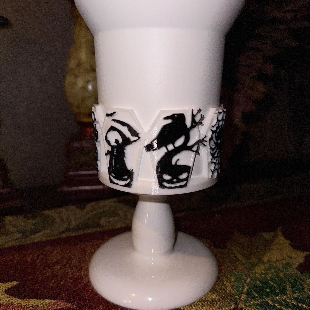 Halloween Coffin Tumbler Boot, multiple detailed designs on each panel, trendy accessories for Stanley tumblers, unique gift hand painted