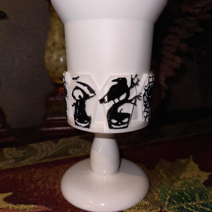 Halloween Coffin Tumbler Boot, multiple detailed designs on each panel, trendy accessories for Stanley tumblers, unique gift hand painted