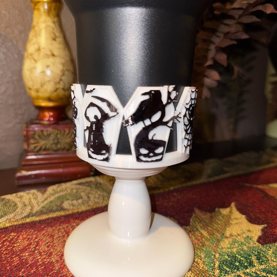 Halloween Coffin Tumbler Boot, multiple detailed designs on each panel, trendy accessories for Stanley tumblers, unique gift hand painted