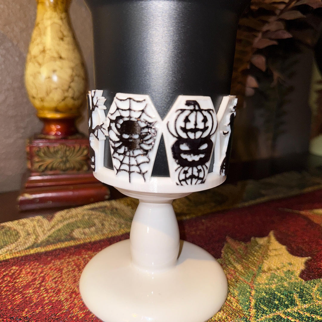 Halloween Coffin Tumbler Boot, multiple detailed designs on each panel, trendy accessories for Stanley tumblers, unique gift hand painted
