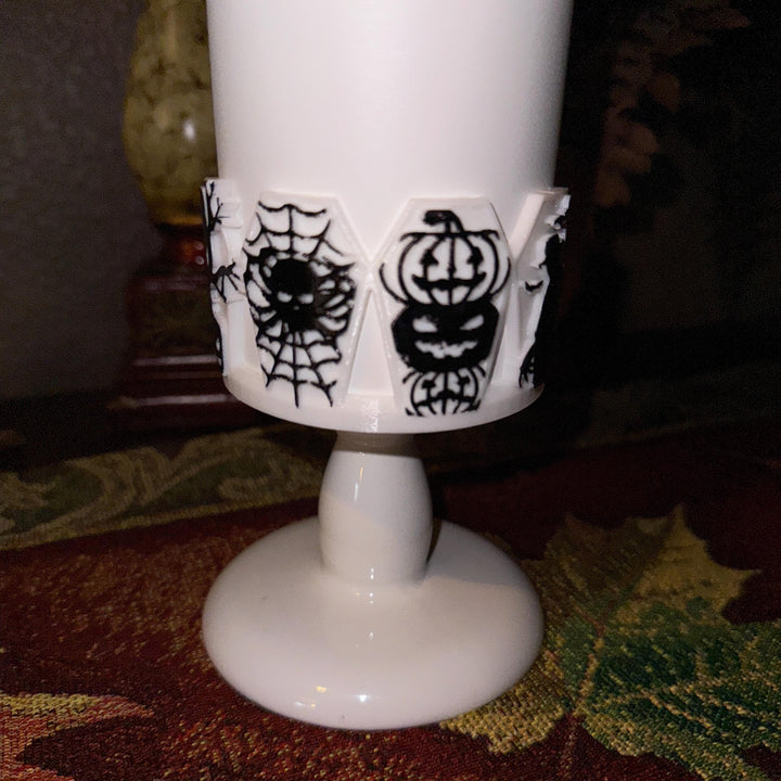 Halloween Coffin Tumbler Boot, multiple detailed designs on each panel, trendy accessories for Stanley tumblers, unique gift hand painted