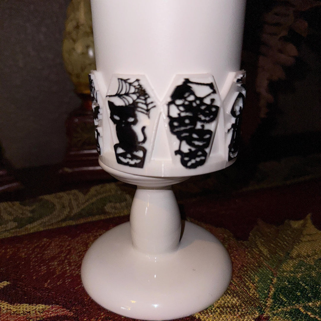 Halloween Coffin Tumbler Boot, multiple detailed designs on each panel, trendy accessories for Stanley tumblers, unique gift hand painted
