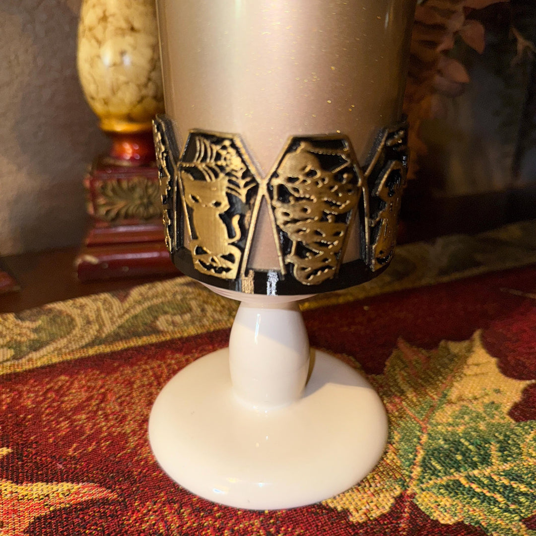 Halloween Coffin Tumbler Boot, multiple detailed designs on each panel, trendy accessories for Stanley tumblers, unique gift hand painted