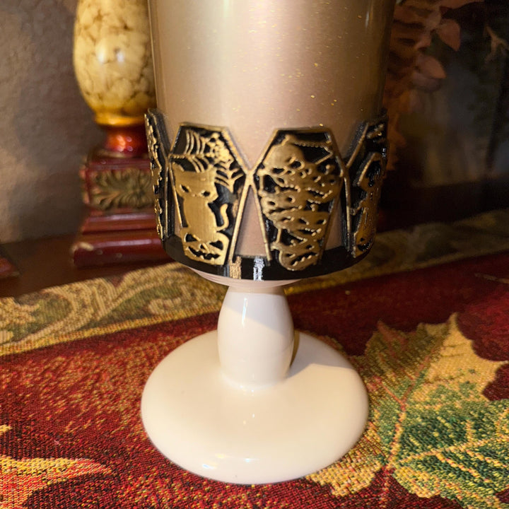 Halloween Coffin Tumbler Boot, multiple detailed designs on each panel, trendy accessories for Stanley tumblers, unique gift hand painted