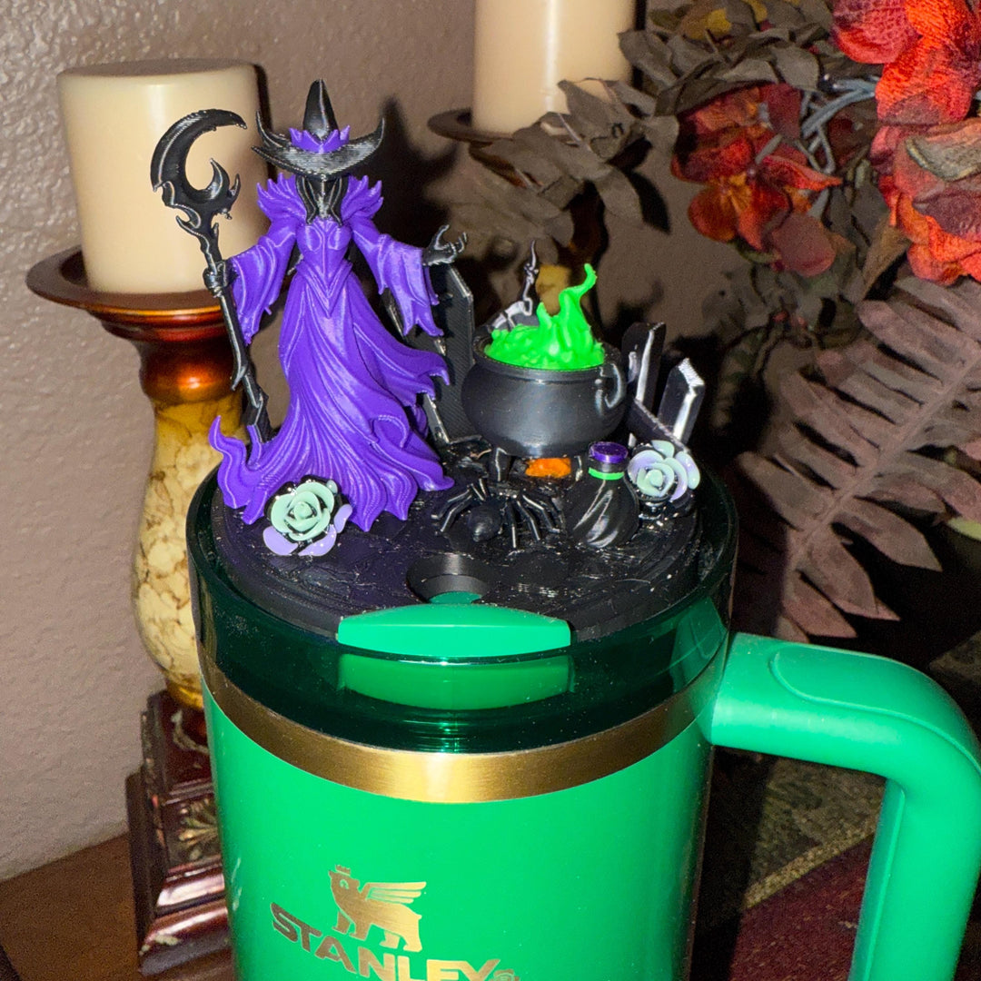 Purple Halloween Witch Tumbler Topper, hat, broom, spell book, cauldron, spiders - HOT SELLER, unique gift spooky witchy vibes