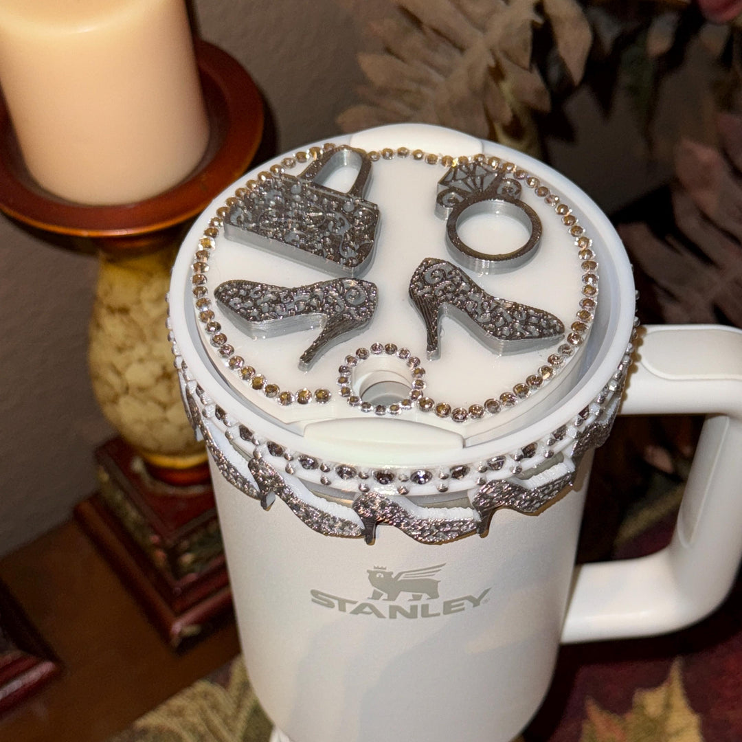 White and Silver Diva Rhinestone Tumbler Boot, Lid Halo or Topper for Stanley tumblers, Princess Doll Purse High Heels stilettos