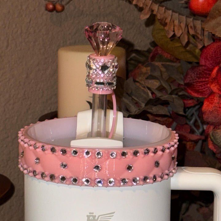 Pink and Silver Quilted Rhinestone Tumbler boot and halo for Stanley tumblers, Best Seller, Boot Halo Straw Topper