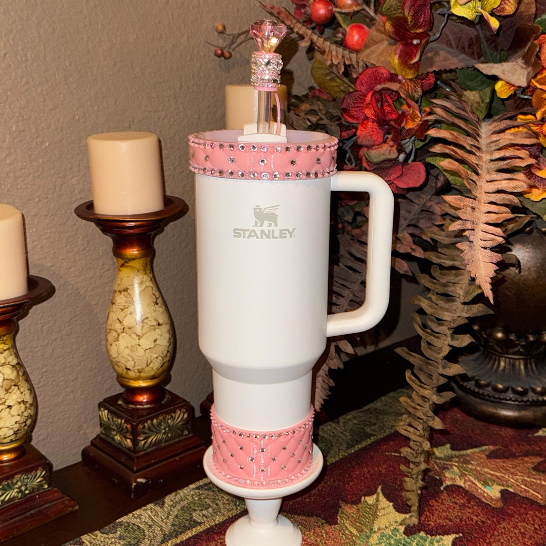 Pink and Silver Quilted Rhinestone Tumbler boot and halo for Stanley tumblers, Best Seller, Boot Halo Straw Topper