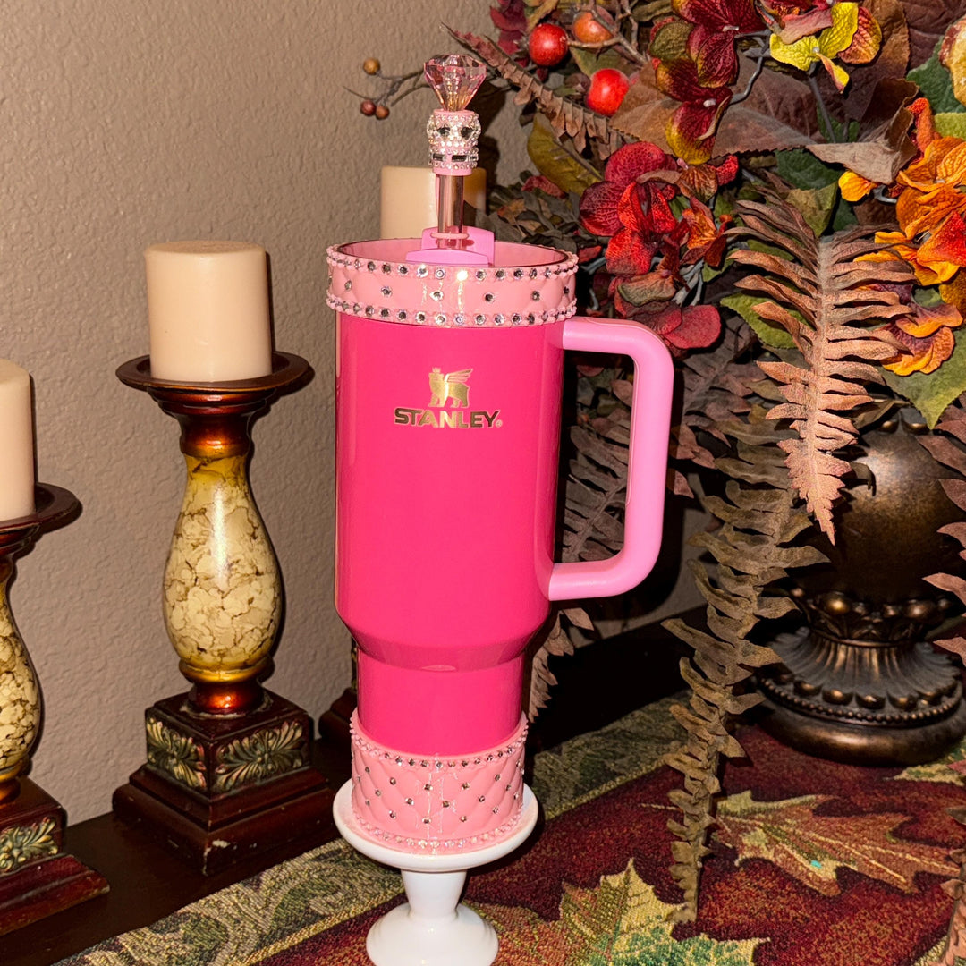 Pink and Silver Quilted Rhinestone Tumbler boot and halo for Stanley tumblers, Best Seller, Boot Halo Straw Topper