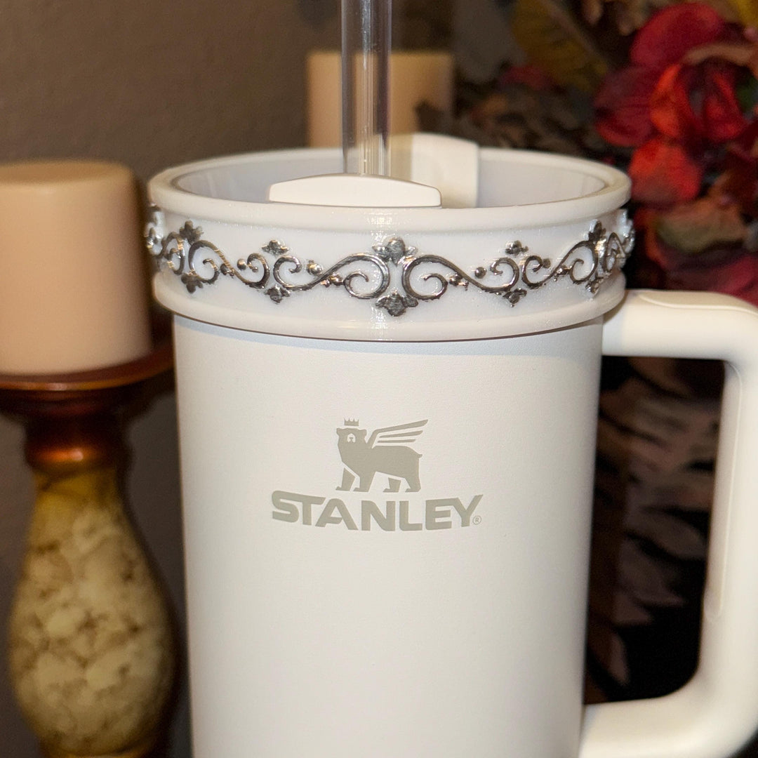 White Scroll Fancy Tumbler Boot Halo Accessory Collection for Stanley tumblers, Bangle Straw Topper