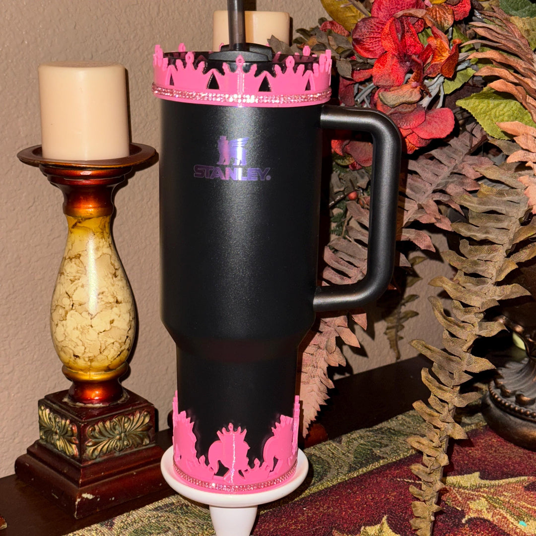 Pink and Silver Princess Doll Rhinestone Tumbler Boot, Lid Halo, for Stanley tumblers, custom colors