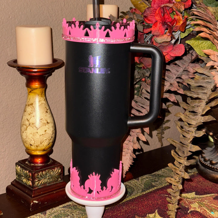 Pink and Silver Princess Doll Rhinestone Tumbler Boot, Lid Halo, for Stanley tumblers, custom colors