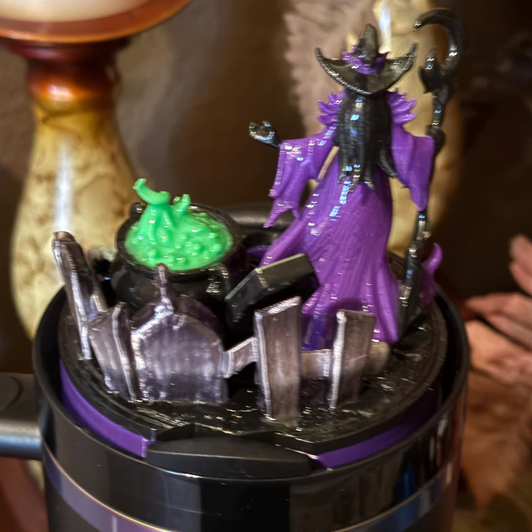 Halloween Witch Tumbler Topper, hat, broom, spell book, cauldron, spiders, 3D Decorative Lid - HOT SELLER, unique gift spooky witchy vibes