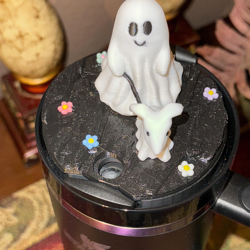 Halloween Cute Ghost Walking Dog Tumbler Topper, flowers, 3D Decorative Lid, unique gift spooky witchy vibes spellcast