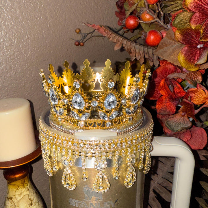 Luxurious Gold Fancy Rhinestone Royal Princess Accessory for Stanley tumbler, Crown Topper, Royal Queen Halo Bling Bangle Band Boot Straw