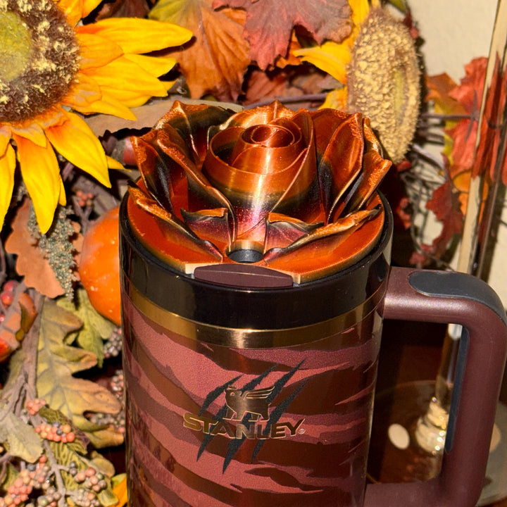 3D Burgundy Brown Bronze Rose Tumbler Topper that fit the Stanley Tumbler lids, Rose decorator lid, 3D Decorative Lid, Color shifting effect
