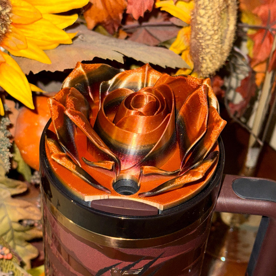 3D Burgundy Brown Bronze Rose Tumbler Topper that fit the Stanley Tumbler lids, Rose decorator lid, 3D Decorative Lid, Color shifting effect