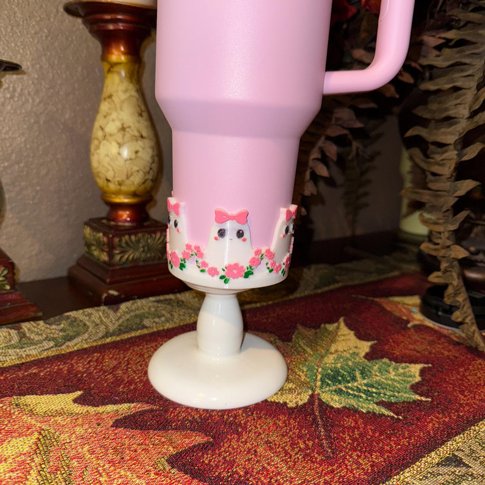 Cute Halloween Ghost Tumbler Boot, flowers bows, Cup Sleeve, Festive Accessories for 20 30 and 40 oz Stanley, Unique Gift, hand painted