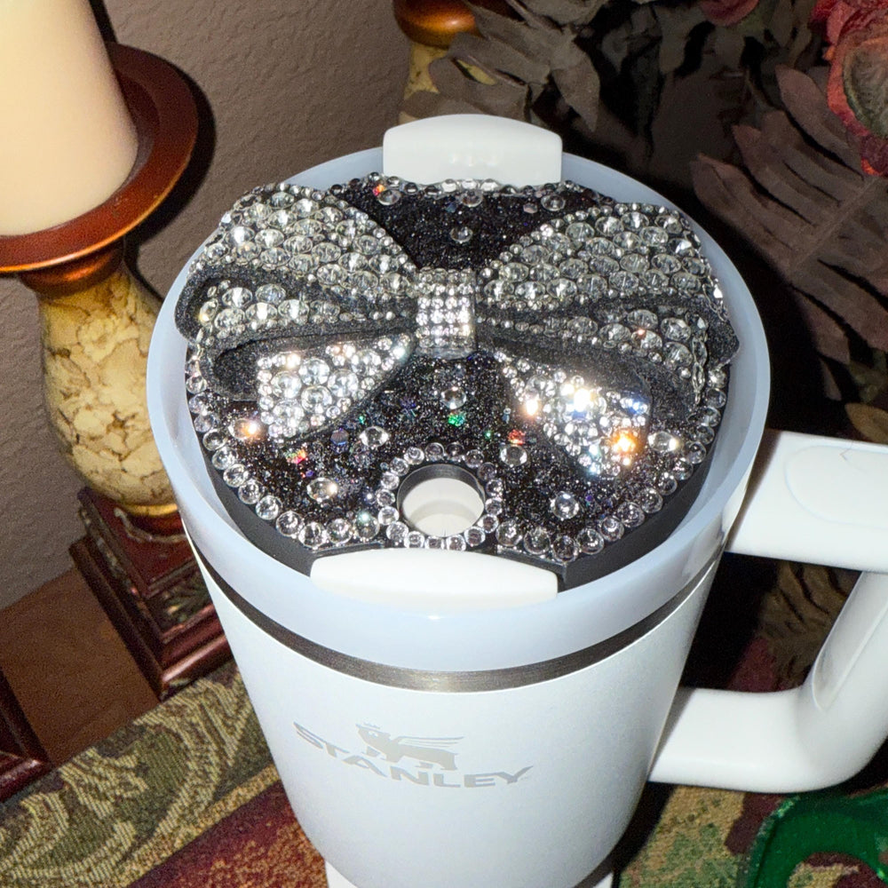 Fancy Black Silver Rhinestone Bow tumbler topper, fits Stanley lids, Rhinestones, decorative lid, unique gift, Hot Seller