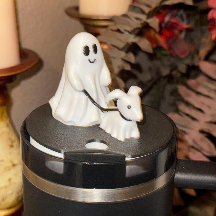 Halloween Ghost Walking Dog Tumbler Topper, 3D Decorative Lid, fits Stanley tumblers, 20 oz, 30 oz or 40 oz, Spooky Vibes