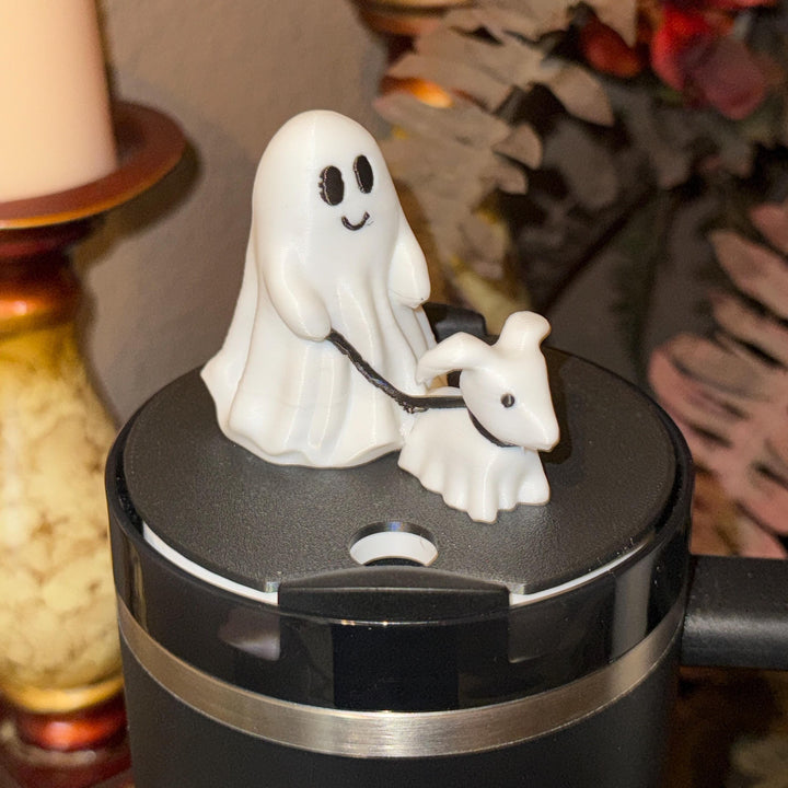 Halloween Ghost Walking Dog Tumbler Topper, 3D Decorative Lid, fits Stanley tumblers, 20 oz, 30 oz or 40 oz, Spooky Vibes