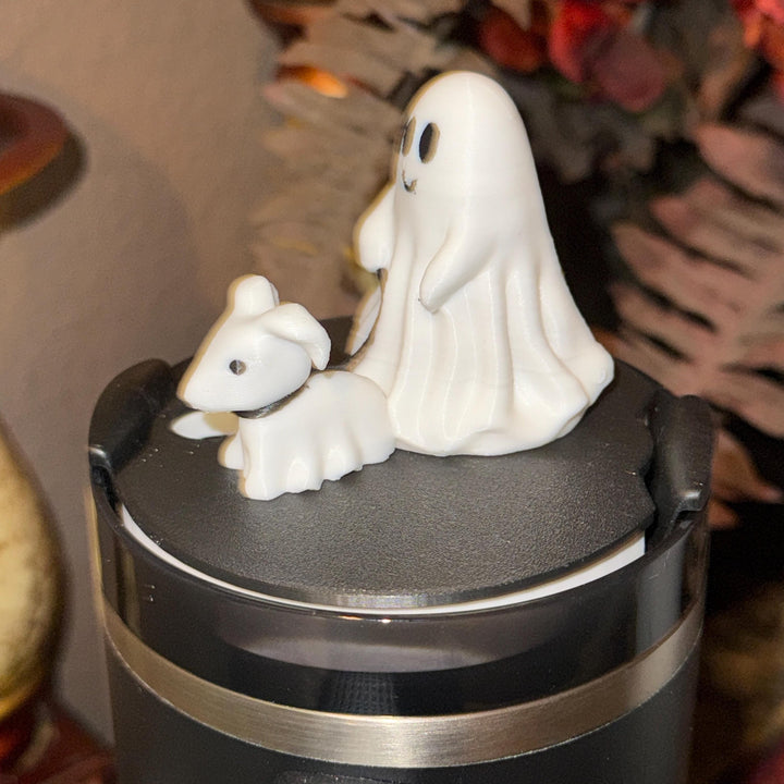Halloween Ghost Walking Dog Tumbler Topper, 3D Decorative Lid, fits Stanley tumblers, 20 oz, 30 oz or 40 oz, Spooky Vibes