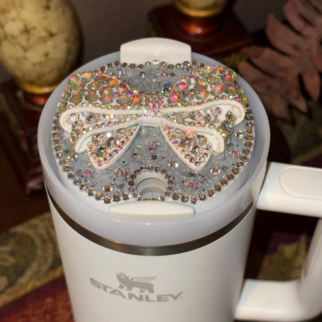Fancy White and Iridescent Rhinestone Bow tumbler topper, fits Stanley lids, Rhinestones, decorative lid, unique gift, Hot Seller