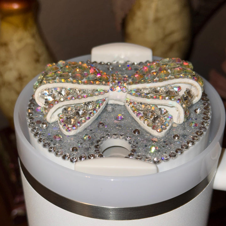 Fancy White and Irridescent Rhinestone Bow tumbler topper, fits Stanley lids, Rhinestones, decorative lid, unique gift, Hot Seller