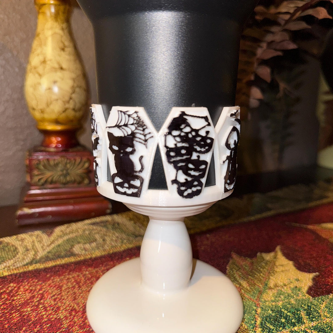 Halloween Coffin Tumbler Boot, multiple detailed designs on each panel, trendy accessories for Stanley tumblers, unique gift hand painted
